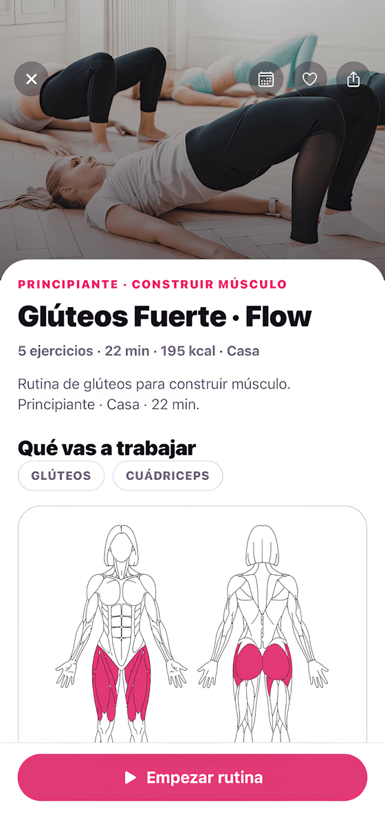 Detalle de una rutina con duración, calorías y el mapa de músculos que trabaja