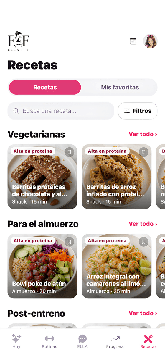 Catálogo de recetas con filtros y etiquetas de alta en proteína